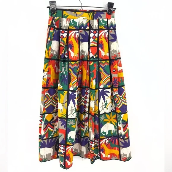 Vintage Safari Midi Skirt Womens 4 Art Statement Colorful Tribal Boho Indie USA - Picture 5 of 10